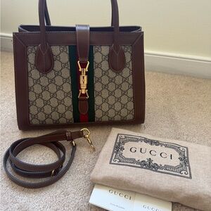 Gucci Jackie 1961 Web Tote GG Canvas and Leather Medium with Long Strap
